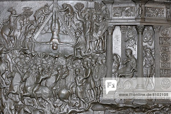 Detail of a portal of the Crucifixion of St. Peter  front entrance door of St. Peter's Basilica  Vatican  Rome  Lazio  Italy  Europe