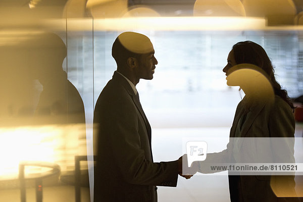 Businessman and businesswoman handshaking in lobby