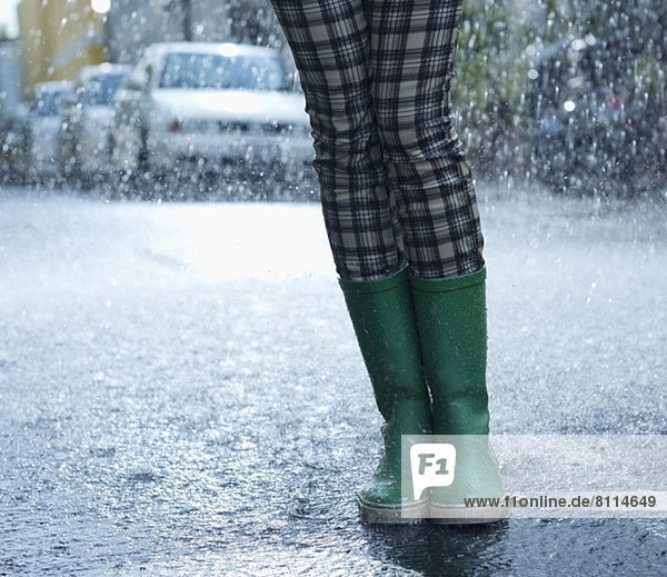 Rain falling around woman in wellingtons