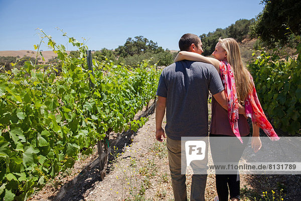 Young couple on path in vineyard  woman with arm around man