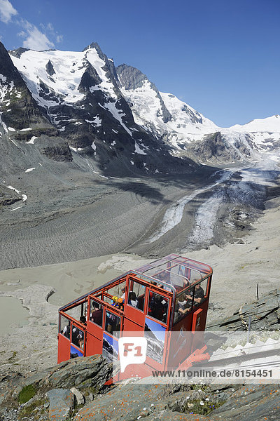 Funicular railway with Mt Grossglockner  Pasterze Glacier at back