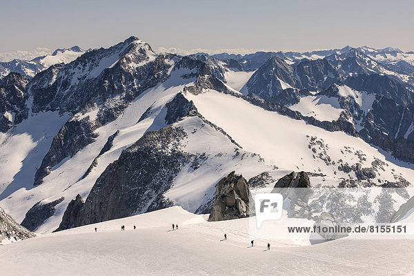 Mountaineers climbing a glacial field to the summit of Mt Schwarzenstein
