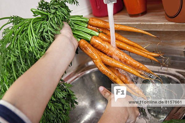 Deutschland  Nordrhein-Westfalen    Mädchen waschen Karotten im Spülbecken  Nahaufnahme