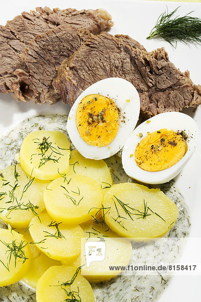 Rindfleisch mit Dillsauce  Kartoffeln und gekochtem Ei auf dem Teller  zum Verschließen