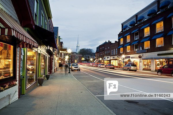 Downtown Camden  Maine is seen at twilight.