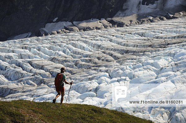 Backpacker hikes the Harding Icefield Trail in Kenai Fjords National Park near Seward  Alaska.