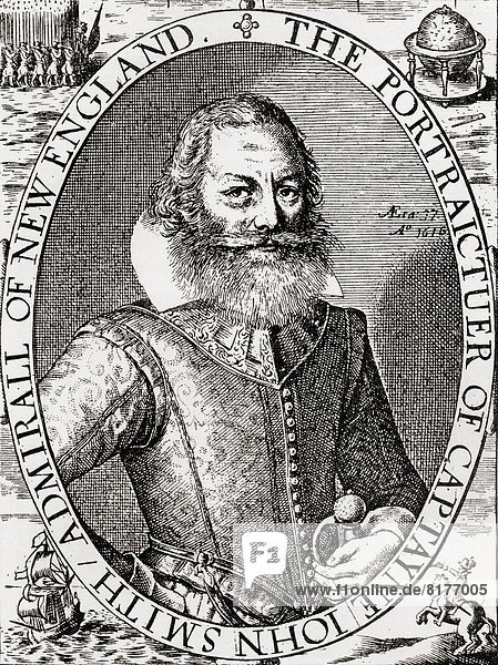 Captain John Smith C. 1580 To 1631  From His 1614 Map Of New England. Admiral Of New England Was An English Soldier  Explorer  And Author. From The Book Short History Of The English People By J.R. Green Published London 1893.