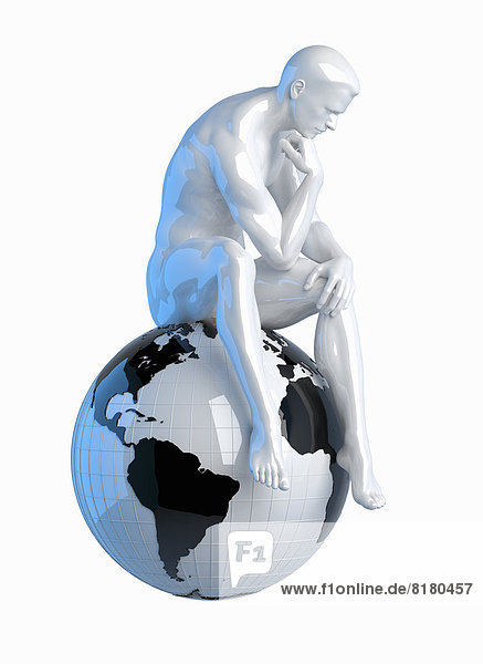 Statue eines Mannes in Pose des Denkers sitzt auf einem Globus