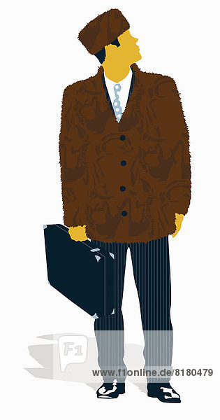 Businessman in fur suit jacket and hat