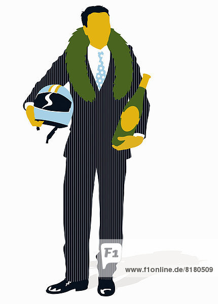 Businessman wearing victory laurel wreath and holding helmet and champagne bottle