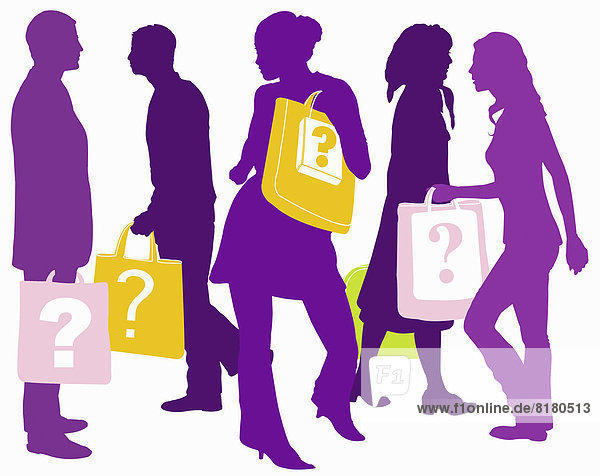 Men and women carrying shopping bags with question marks