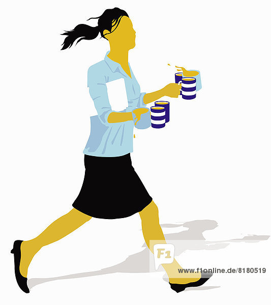 Office worker running with coffee mugs