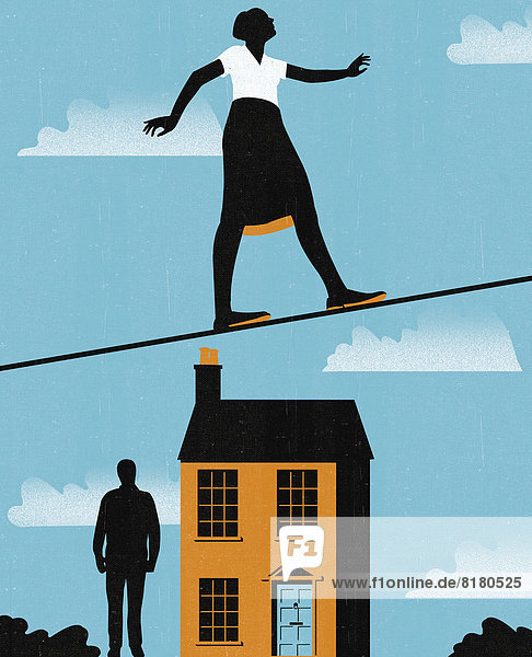 Businesswoman on tightrope above house and man