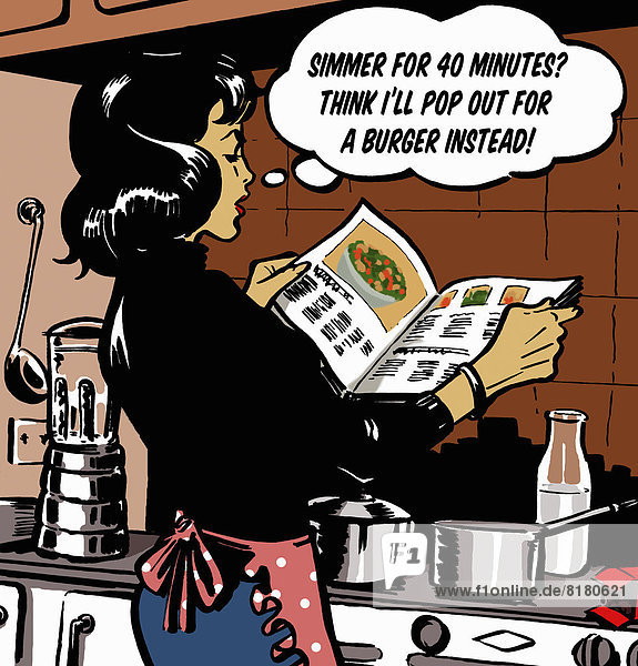 Frau mit Sprechblase liest ein Kochbuch in der Küche