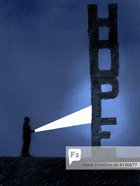 Mann mit Taschenlampe im Dunkeln entdeckt das Wort Hope