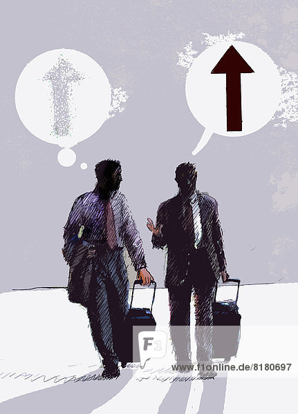 Businessmen pulling suitcases talking with speech and thought bubbles and ascending arrows