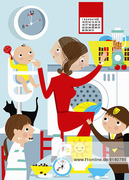 Überforderte Hausfrau mit Kindern in der Küche