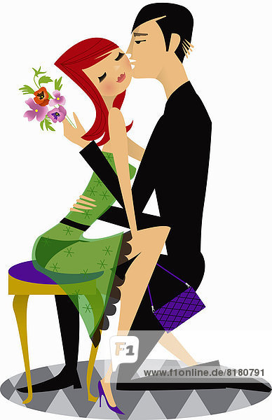 Mann mit Blumen küsst eine Frau