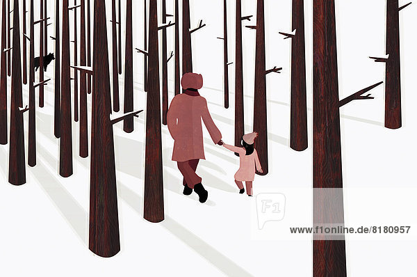 Father and daughter holding hands approaching wolf in snowy woods