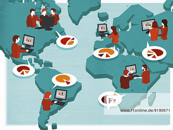 Geschäftsleute mit Computern teilen Informationen auf einer Weltkarte