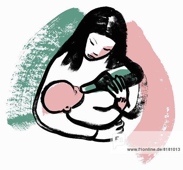 Frau füttert Baby mit Weinflasche