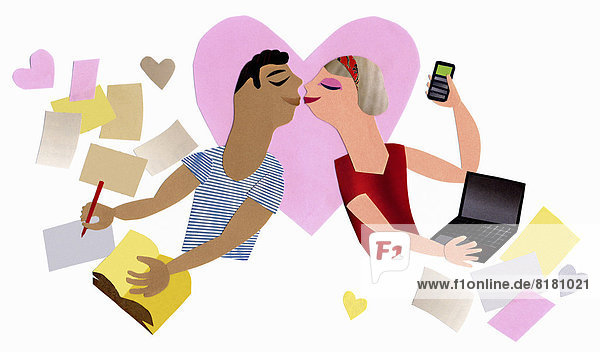 Kissing couple using laptop  phone and love letters to communicate
