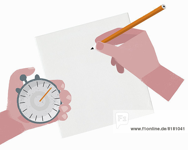 Hand holding stopwatch and pencil over blank sheet of paper