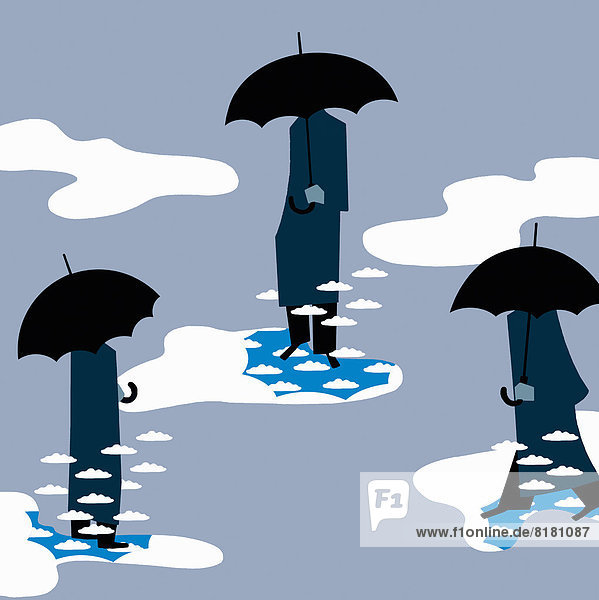 Männer mit Regenschirmen stehen im Himmel