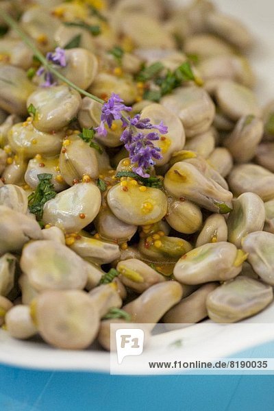 Dicke Bohnen mit Senf-Honig-Dressing und Lavendelblüten