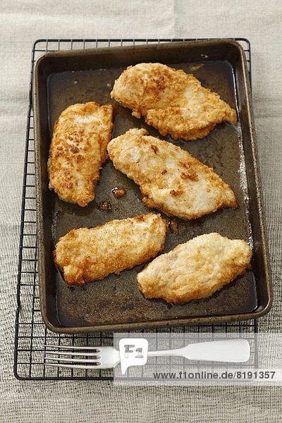 Chicken escalopes on a baking tray