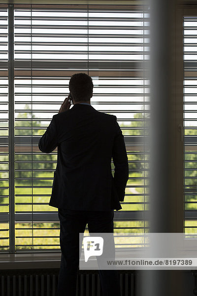 Germany  Hannover  Businessman talking on mobile phone in conference room