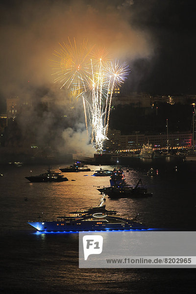 'Fireworks over Monaco at Cap Martin  with the motor yacht ''Ace'' at the front'