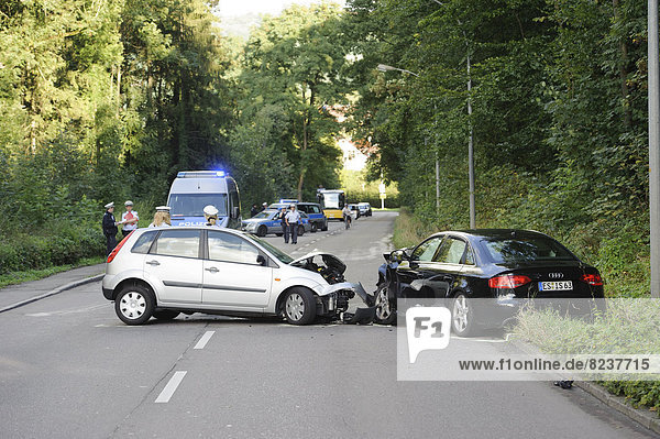Scene of an accident  head-on collision between an Audi and a Ford