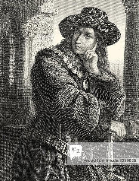 'Karl VII. oder Charles VII  König von Frankreich  Figur aus dem Drama ''Die Jungfrau von Orleans'' von Friedrich Schiller  Stahlstich aus ''Schiller-Galerie''  1869'