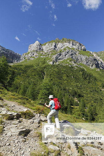Hiker ascending on a trail in front of Weißsteinspitze Mountain