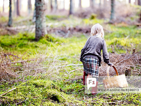 Girl picking mushrooms in forest
