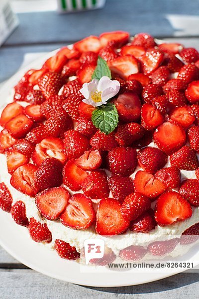 High angle view of strawberries cake