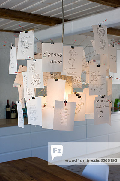 Notes and drawings hanging as lampshade
