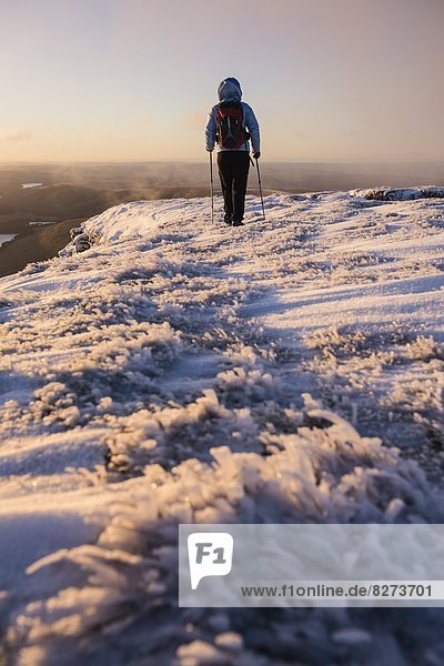 Female hiker at sunrise on winter summit of Pen Y Fan  Brecon Beacons national park  Wales
