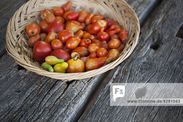 Korb mit frisch gepflückten Tomaten auf altem Holztisch