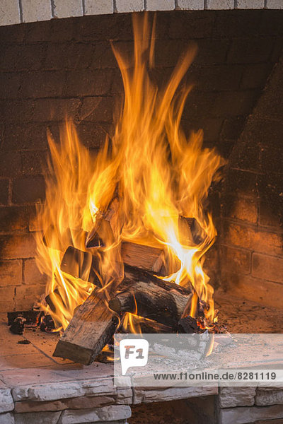 Ein Schornstein auf Feuerholz brennt im offenen Feuer