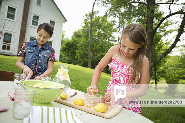 Eine Sommer-Familienzusammenkunft auf einem Bauernhof. Zwei Mädchen arbeiten zusammen und machen selbstgemachte Limonade.