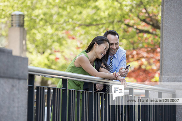 Ein Pärchen  Mann und Frau beim Überprüfen eines Smartphones  unter dem Schatten der Bäume im Park.
