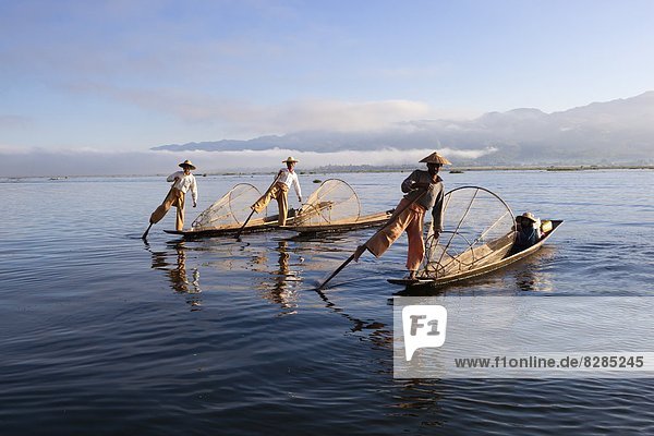 Intha leg-rower fishermen  Inle Lake  Shan State  Myanmar (Burma)  Asia