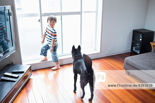 Boy in living room with pet dog