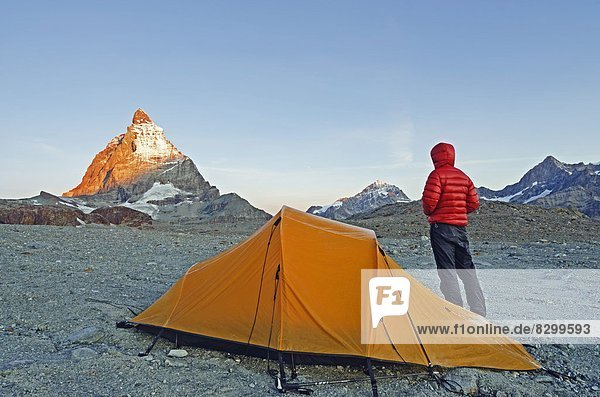 Camping near The Matterhorn  4478m  Zermatt  Valais  Swiss Alps  Switzerland  Europe