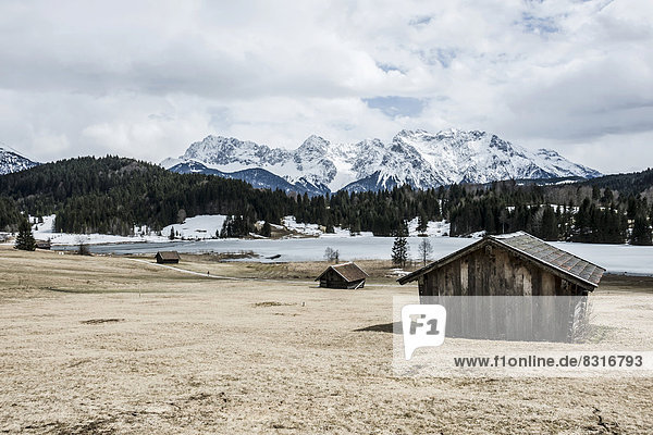 Wagenbrüchsee  spätwinterliche Landschaft mit See und verschneiten Alpen