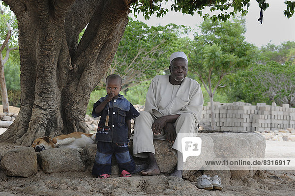 An elderly man and a child under a tree