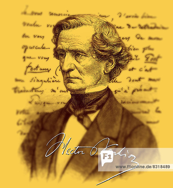 Historische Handschrift mit Portrait von Louis Hector Berlioz 1803 - 1869 ein französischer Komponist und Musikkritiker