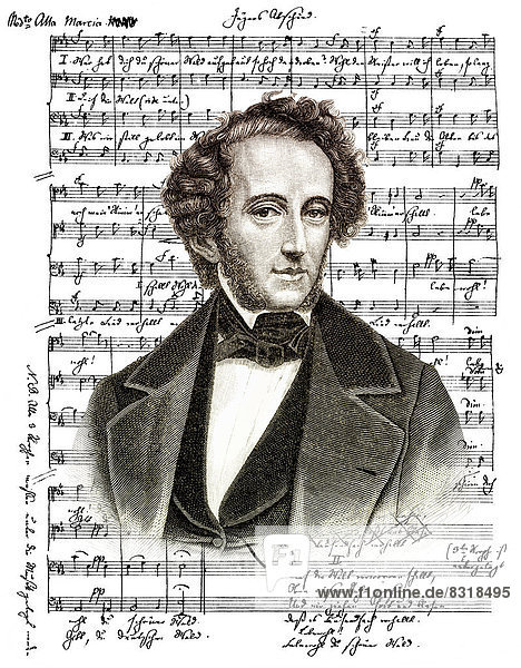 Historische Noten-Handschrift von Jakob Ludwig Felix Mendelssohn Bartholdy  1809 - 1847  ein deutscher Komponist  Pianist und Organist